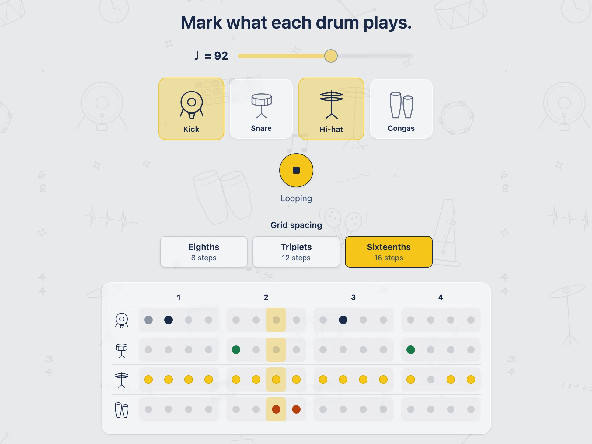 1-Bar Loops: the drum kit lights up as the loop plays, sixteenths are picked, and the kick, snare, hi-hat and conga rows are marked on the grid.