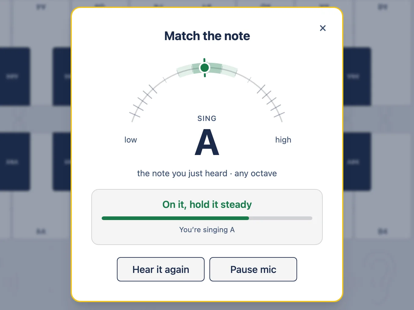 Pitch Matching: a tuner dial shows the sung note right on the target A, with a bar filling up as the note is held.