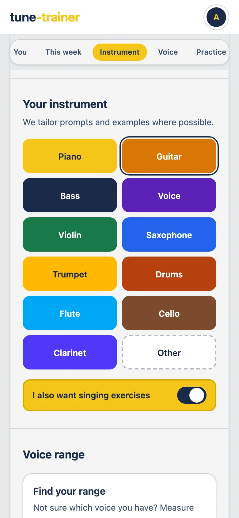 The profile on a phone: colourful tiles to pick an instrument, and singing exercises switched on.