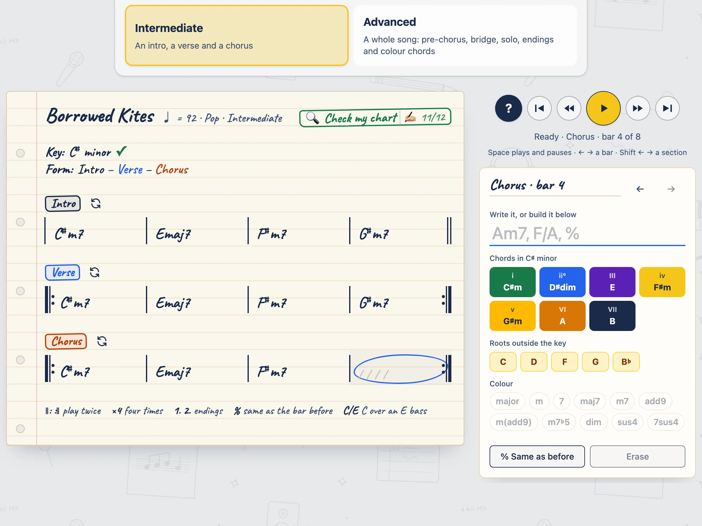 Free Transcription: a hand-written chord chart with the key found and most bars filled in, and the chord palette for the next bar.